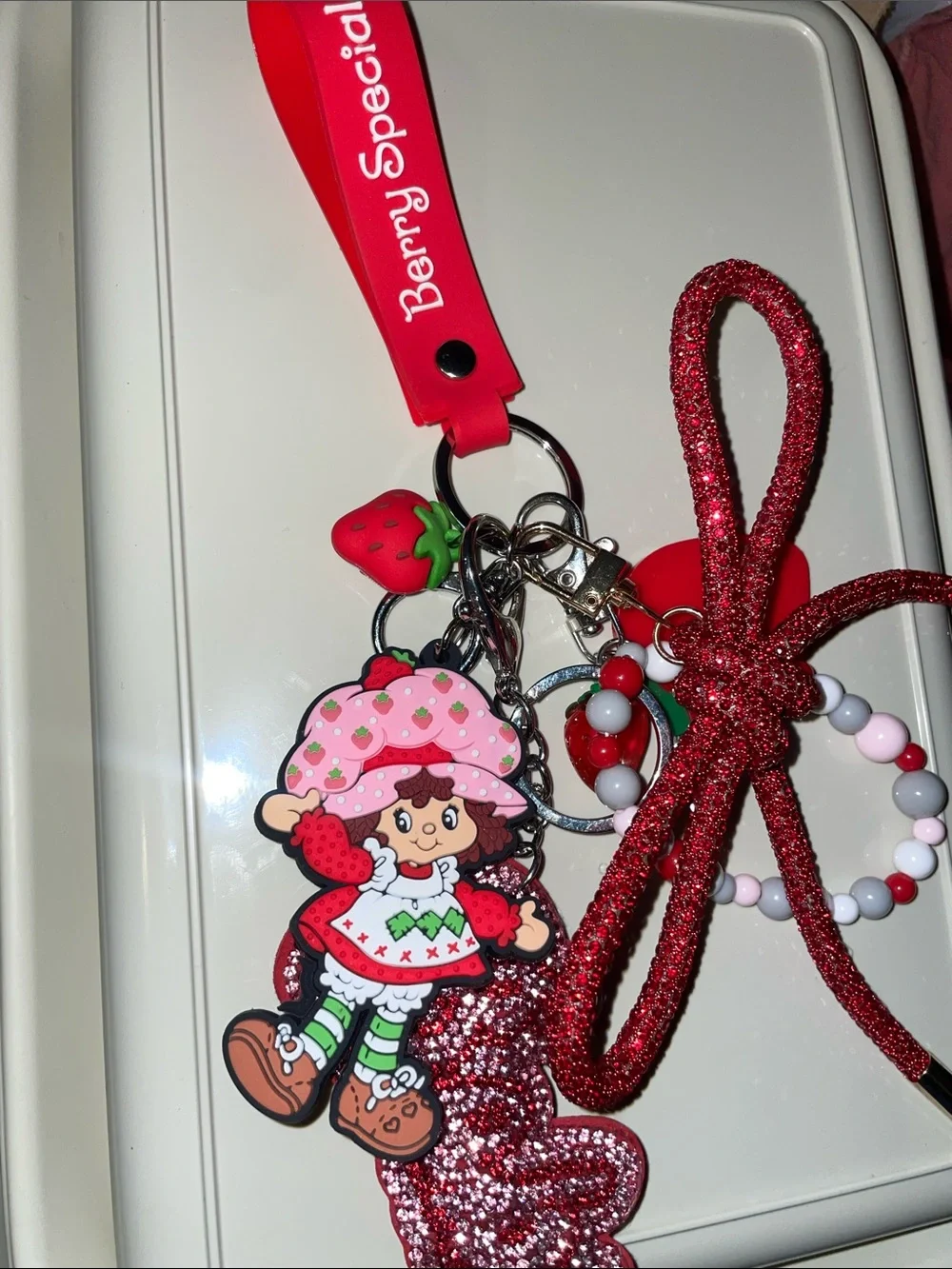 Red Strawberry Shortcake Keychain Wristlet with Beaded Charm
